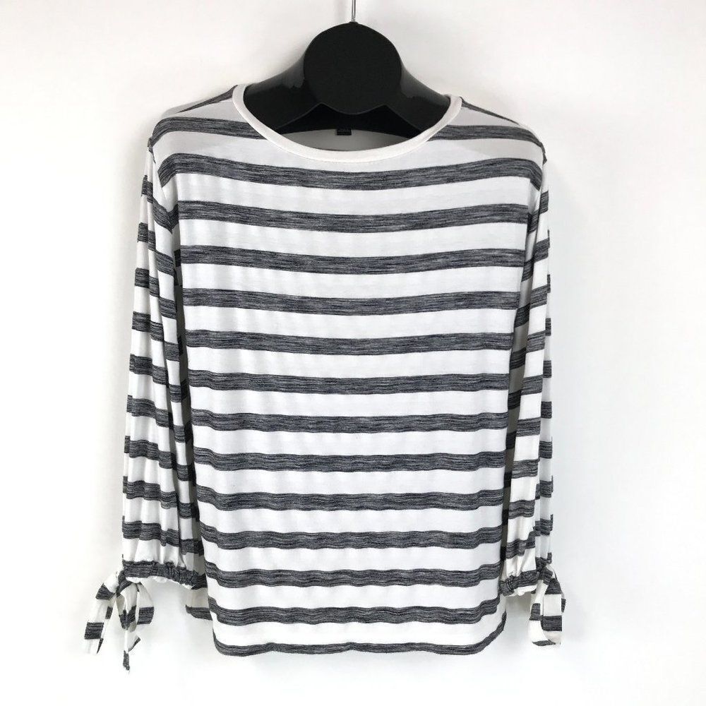 Ann Taylor Striped Tie Cuff Top Women's XS Pullover Stretch Knit Gray White
